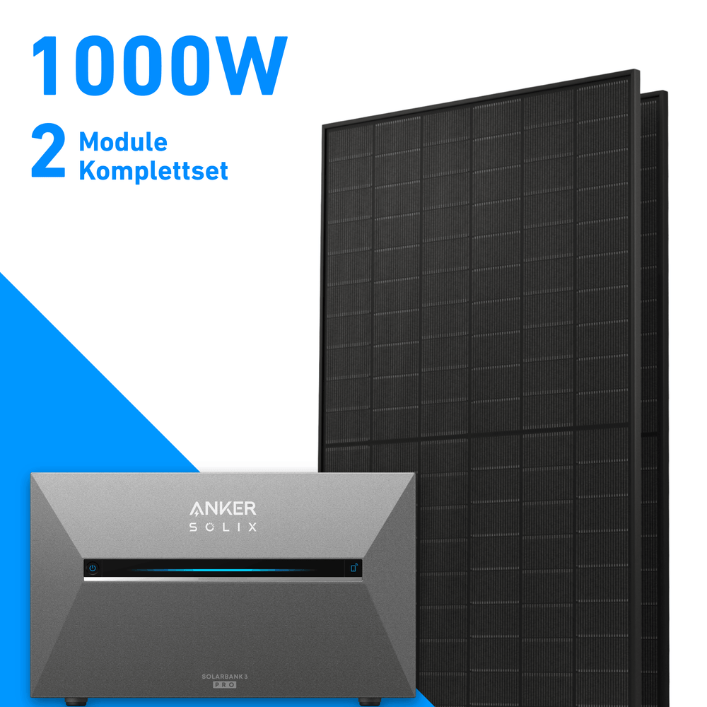 1000W/800W Balkonkraftwerk mit Speicher | 2x 500W Solarmodule & Anker SOLIX Solarbank 3 Pro