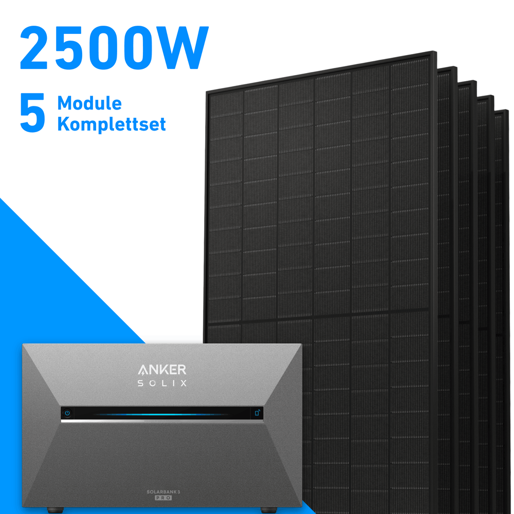 2500W Balkonkraftwerk mit Speicher | 5x 500W Solarmodule & Anker SOLIX Solarbank 3 Pro