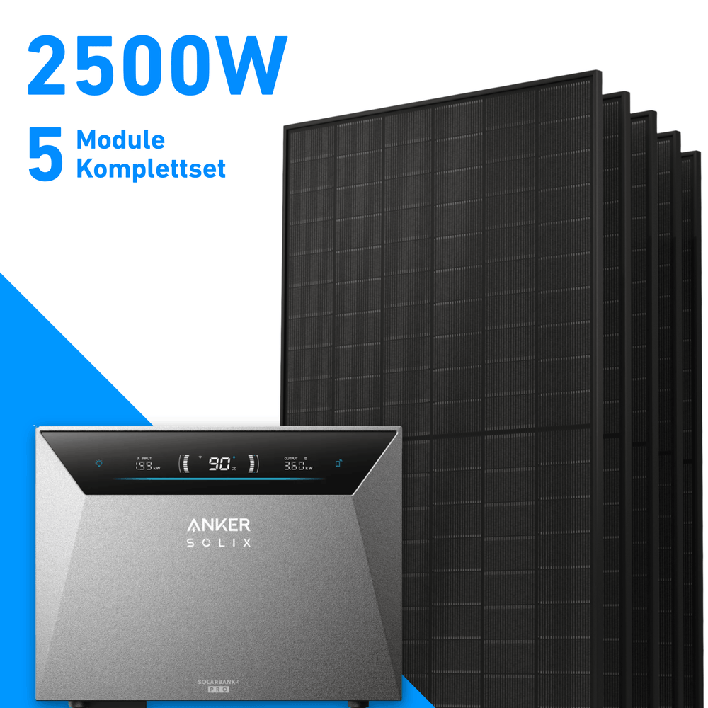 2500W Balkonkraftwerk mit Speicher | 5x 500W Solarmodule & Anker SOLIX Solarbank 4 Pro