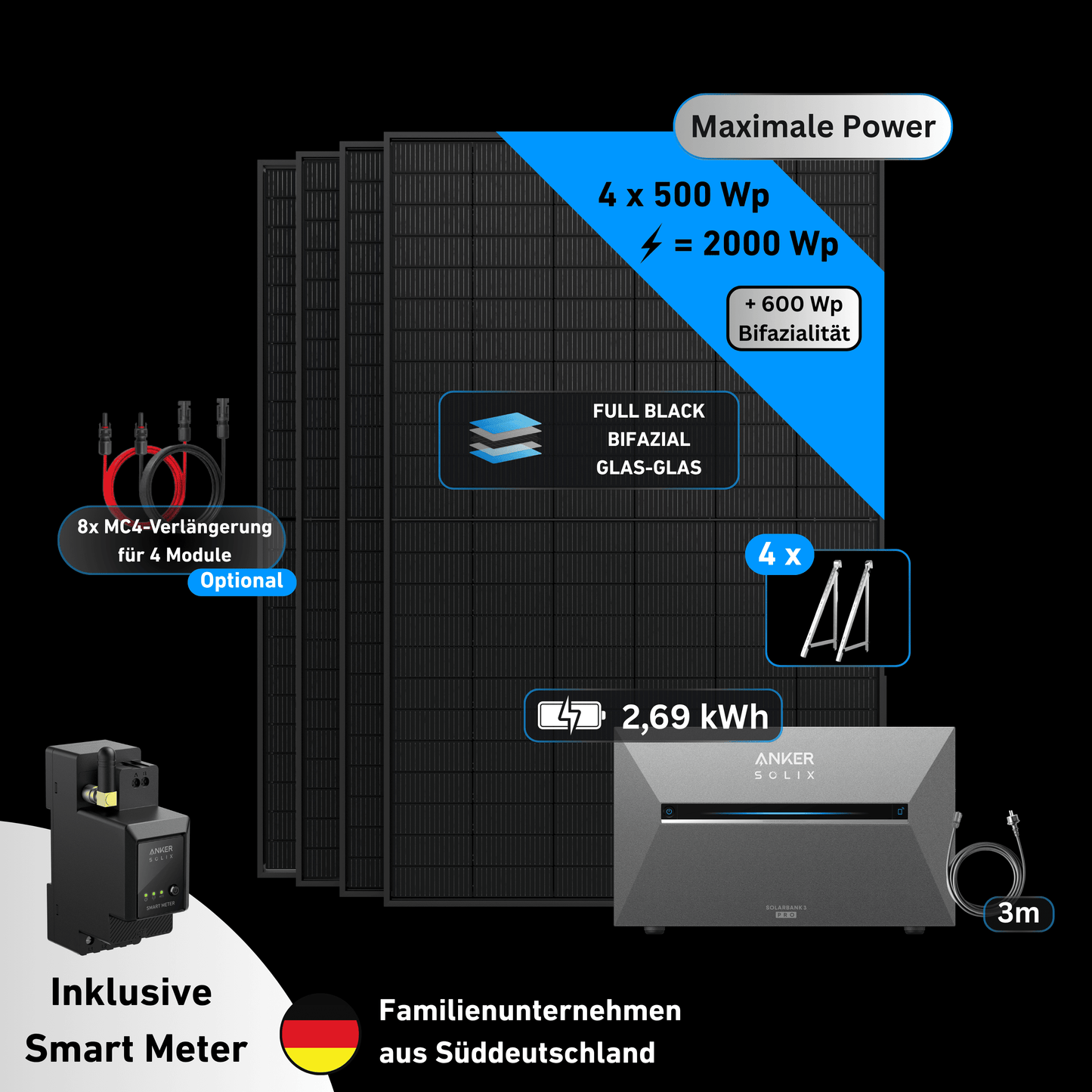Schwabensolar Balkonkraftwerk 2000 Watt mit Anker SOLIX 3 E2700 Pro 2,69 kWh Speicher | Komplettset mit Balkonhalterung 2.0