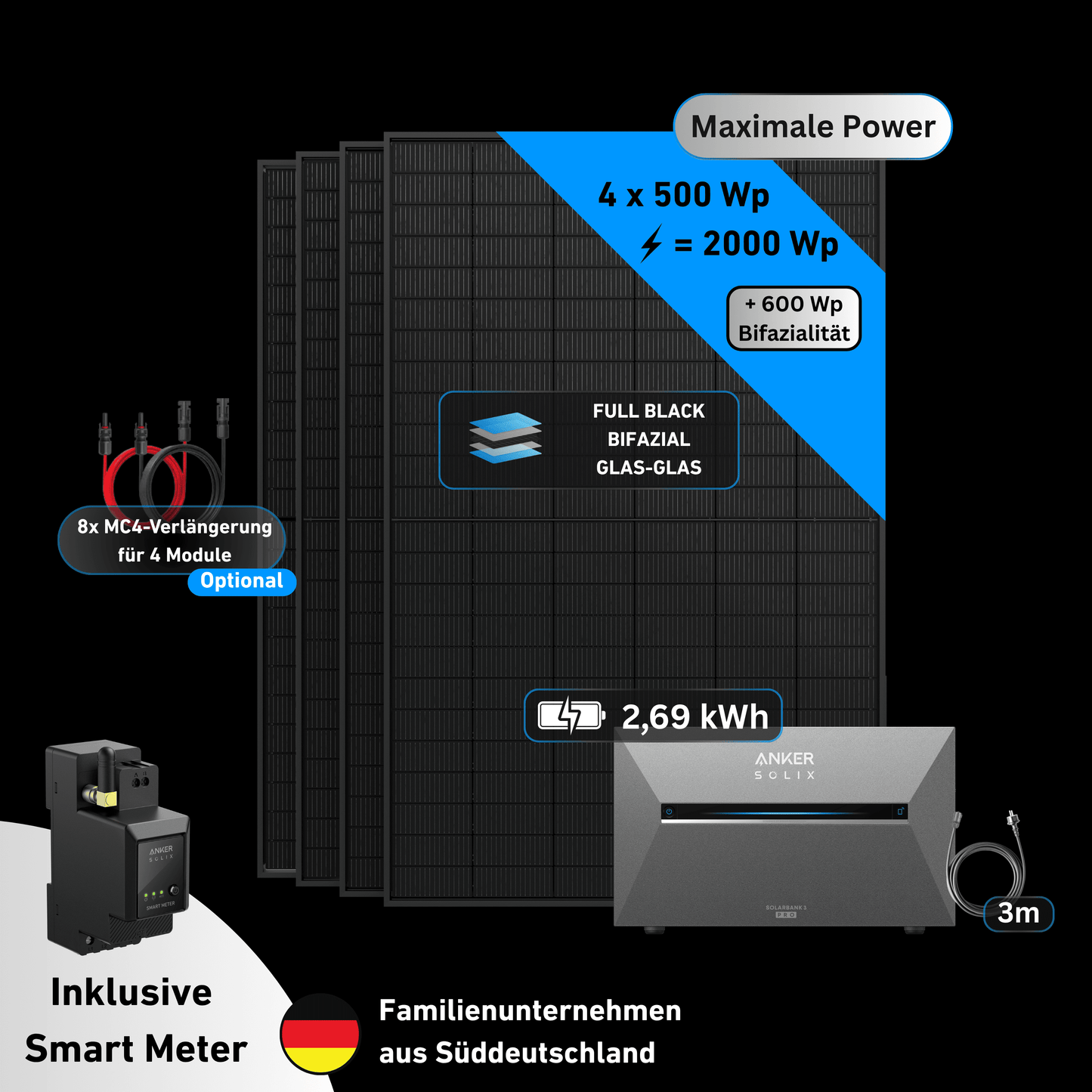 Schwabensolar Balkonkraftwerk 2000 Watt mit Anker SOLIX 3 E2700 Pro 2,69 kWh Speicher | Komplettset ohne Halterung