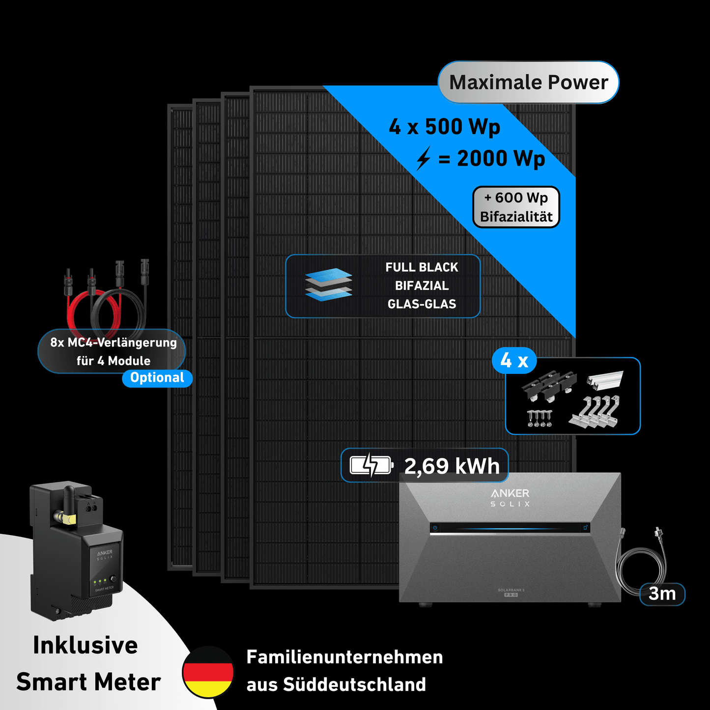 Schwabensolar Balkonkraftwerk 2000 Watt mit Anker SOLIX 3 E2700 Pro 2,69 kWh Speicher | Komplettset mit Ziegeldachhalterung
