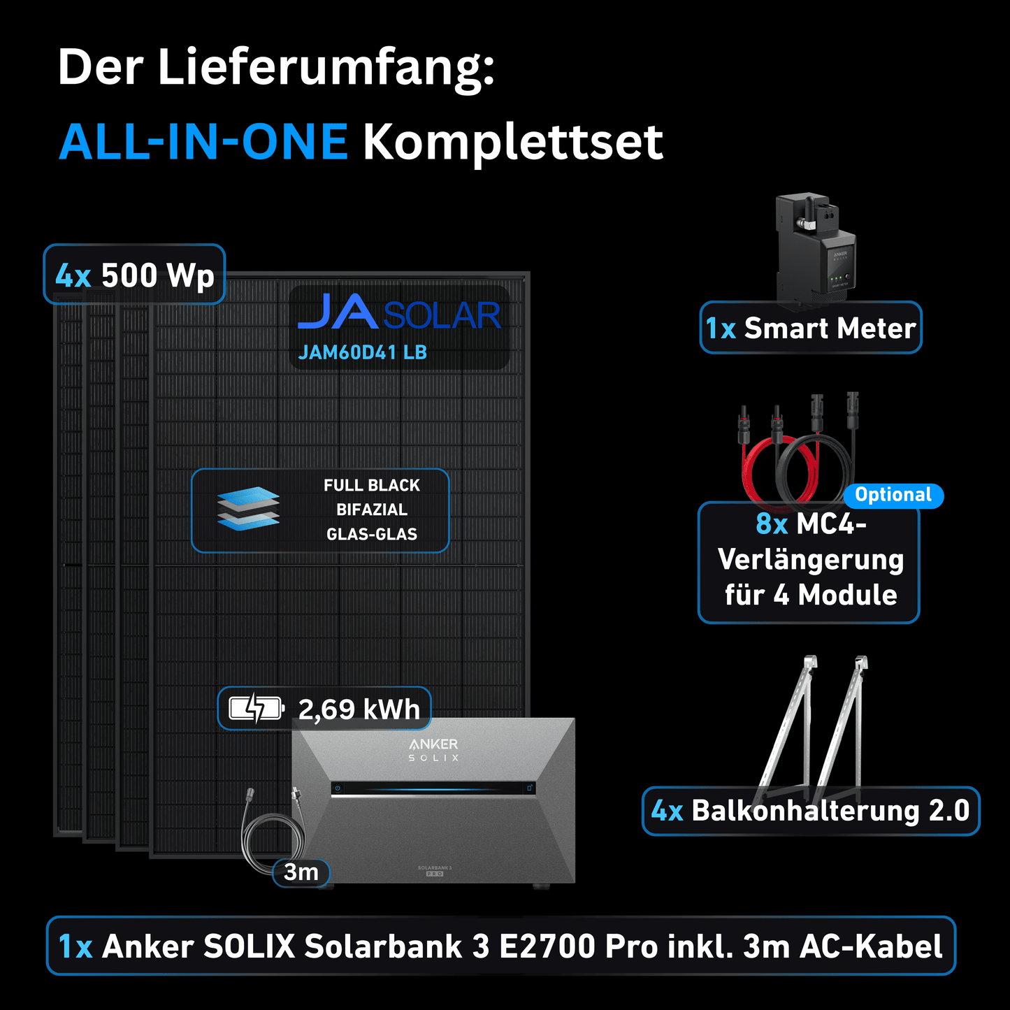 Schwabensolar Balkonkraftwerk 2000 Watt mit Anker SOLIX 3 E2700 Pro 2,69 kWh Speicher | Komplettset mit Balkonhalterung 2.0