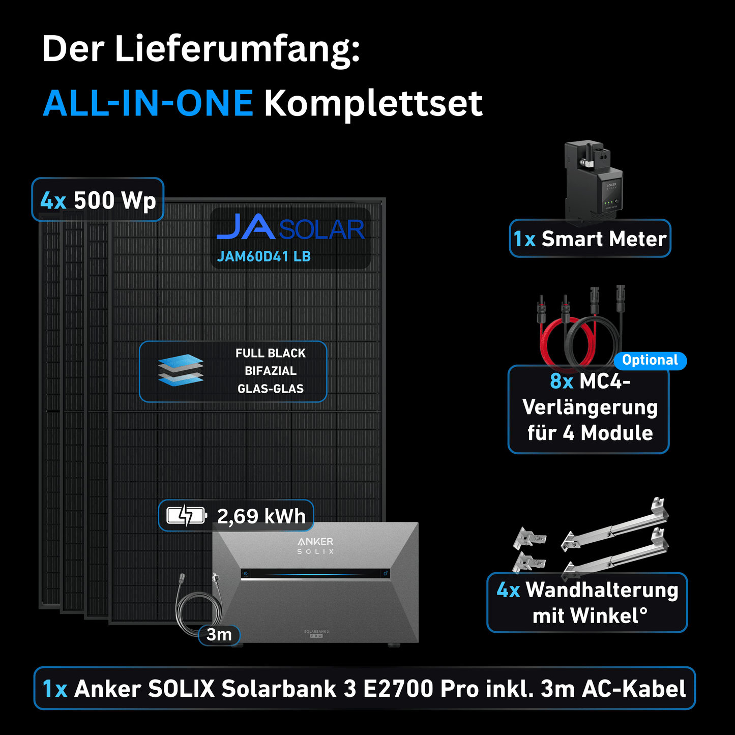 Schwabensolar Balkonkraftwerk 2000 Watt mit Anker SOLIX 3 E2700 Pro 2,69 kWh Speicher | Komplettset mit Wandhalterung Winkel°