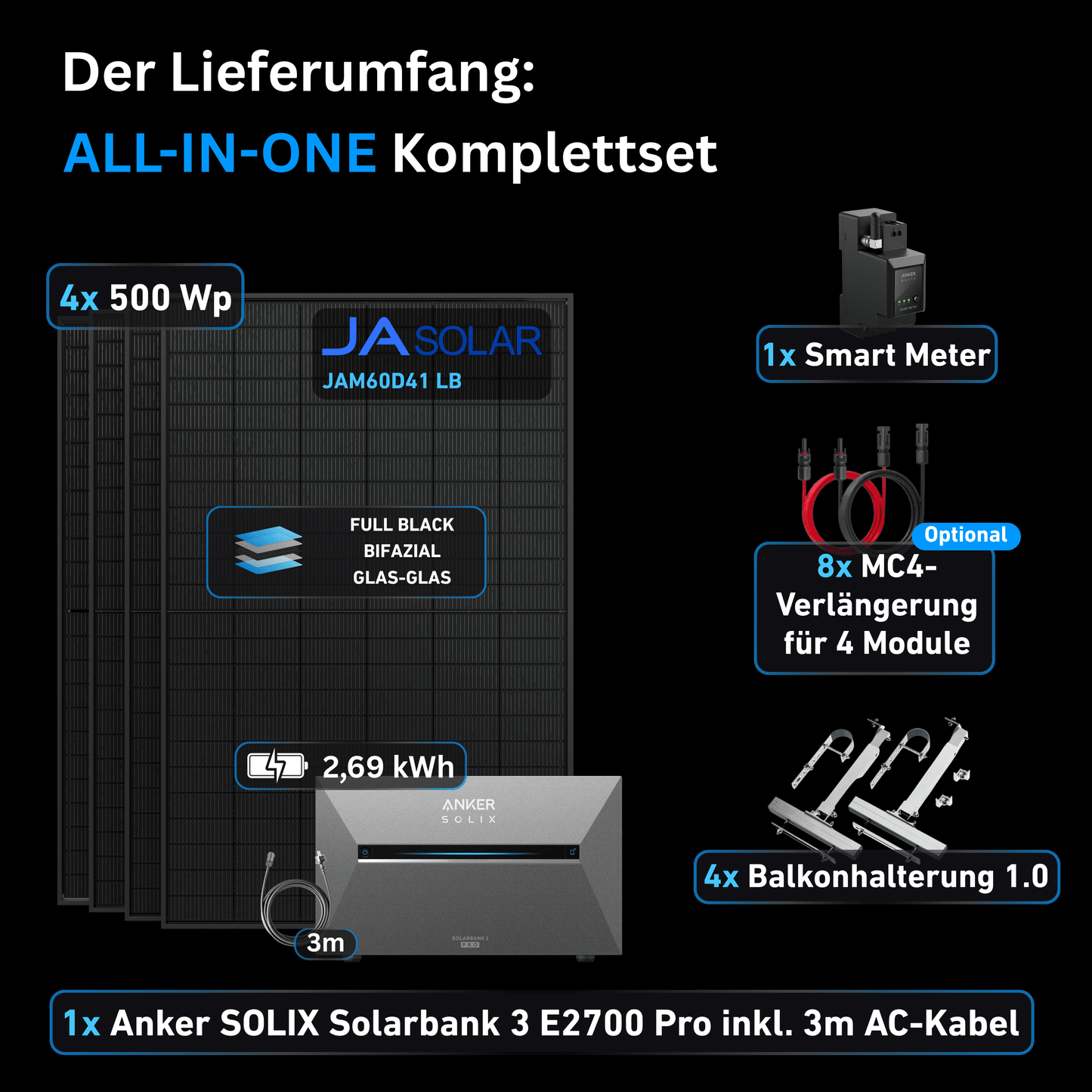 Schwabensolar Balkonkraftwerk 2000 Watt mit Anker SOLIX 3 E2700 Pro 2,69 kWh Speicher | Komplettset mit Balkonhalterung 1.0