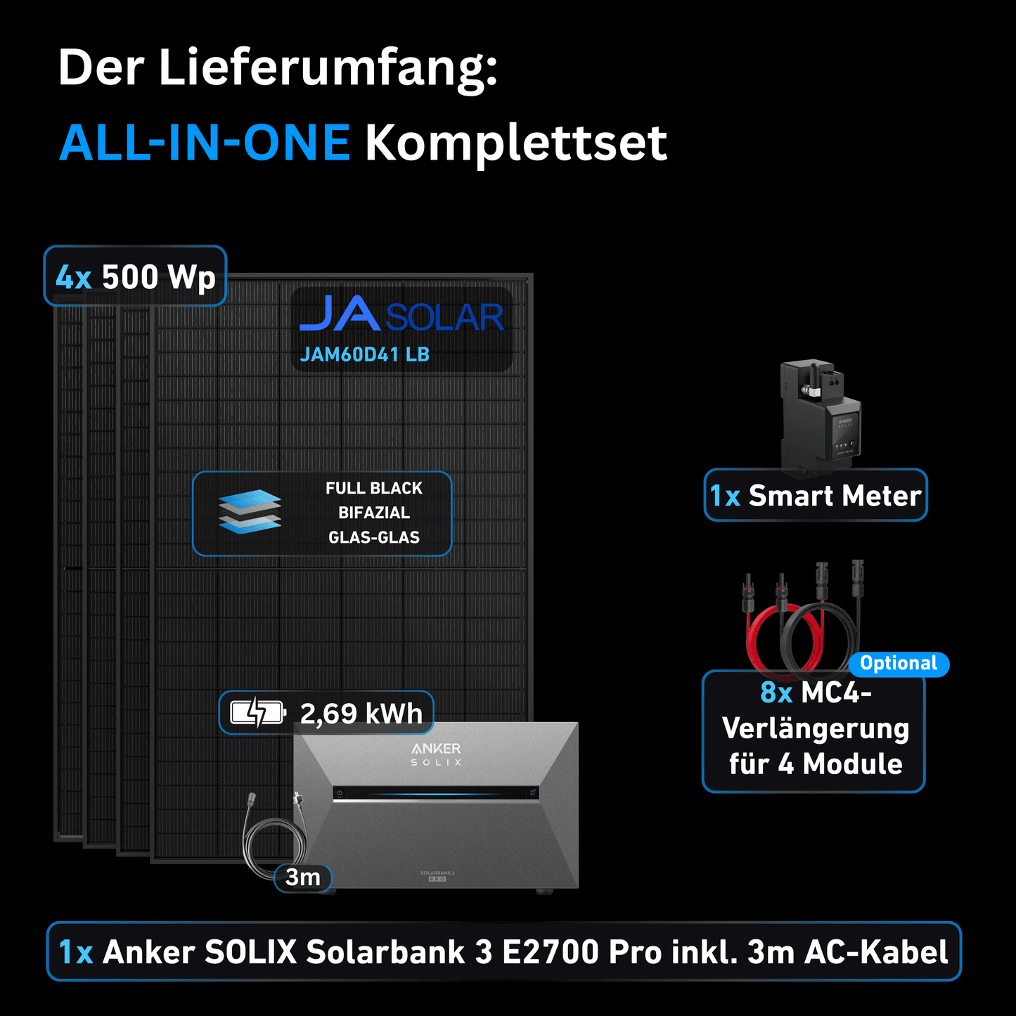 Schwabensolar Balkonkraftwerk 2000 Watt mit Anker SOLIX 3 E2700 Pro 2,69 kWh Speicher | Komplettset ohne Halterung