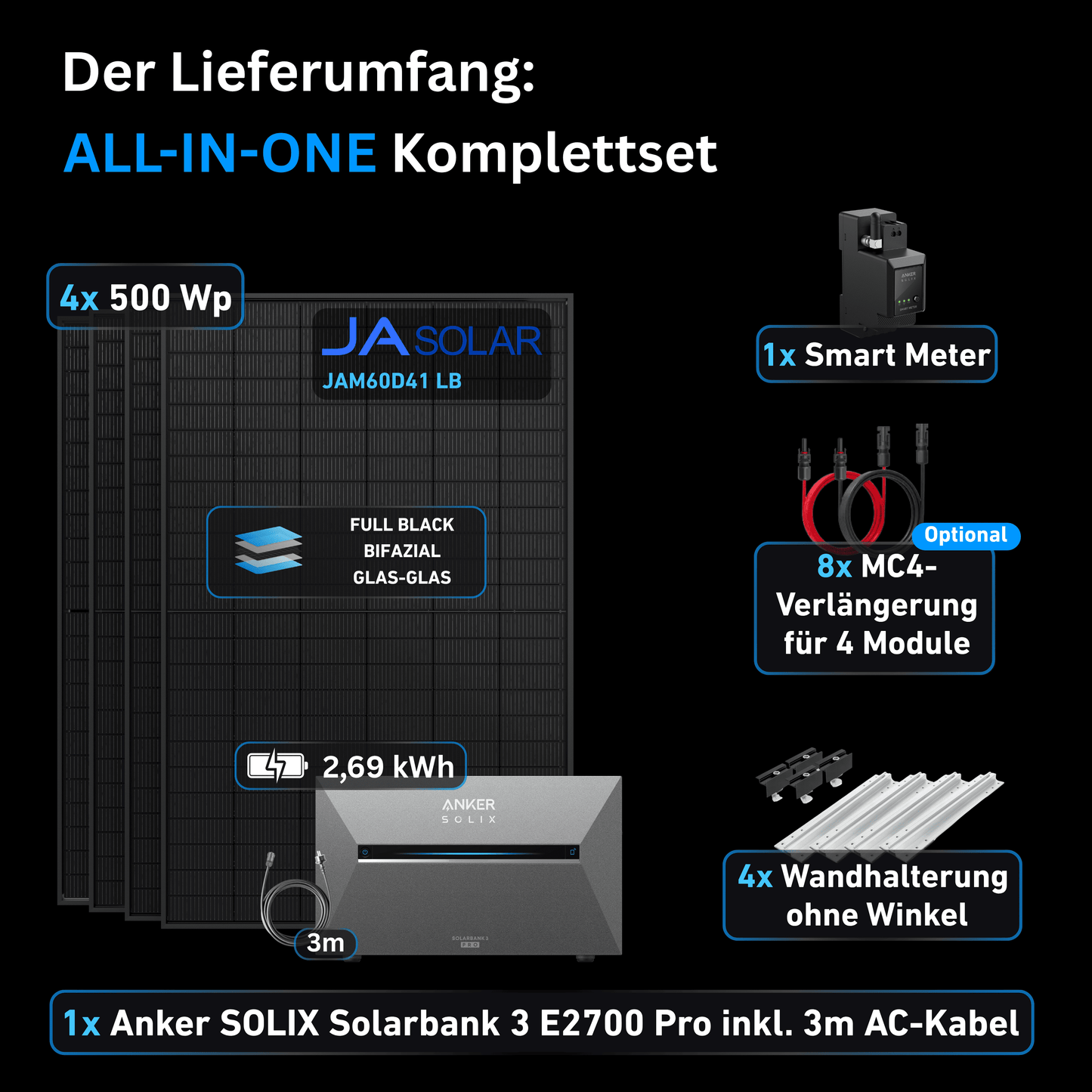 Schwabensolar Balkonkraftwerk 2000 Watt mit Anker SOLIX 3 E2700 Pro 2,69 kWh Speicher | Komplettset mit Wandhalterung ohne Winkel