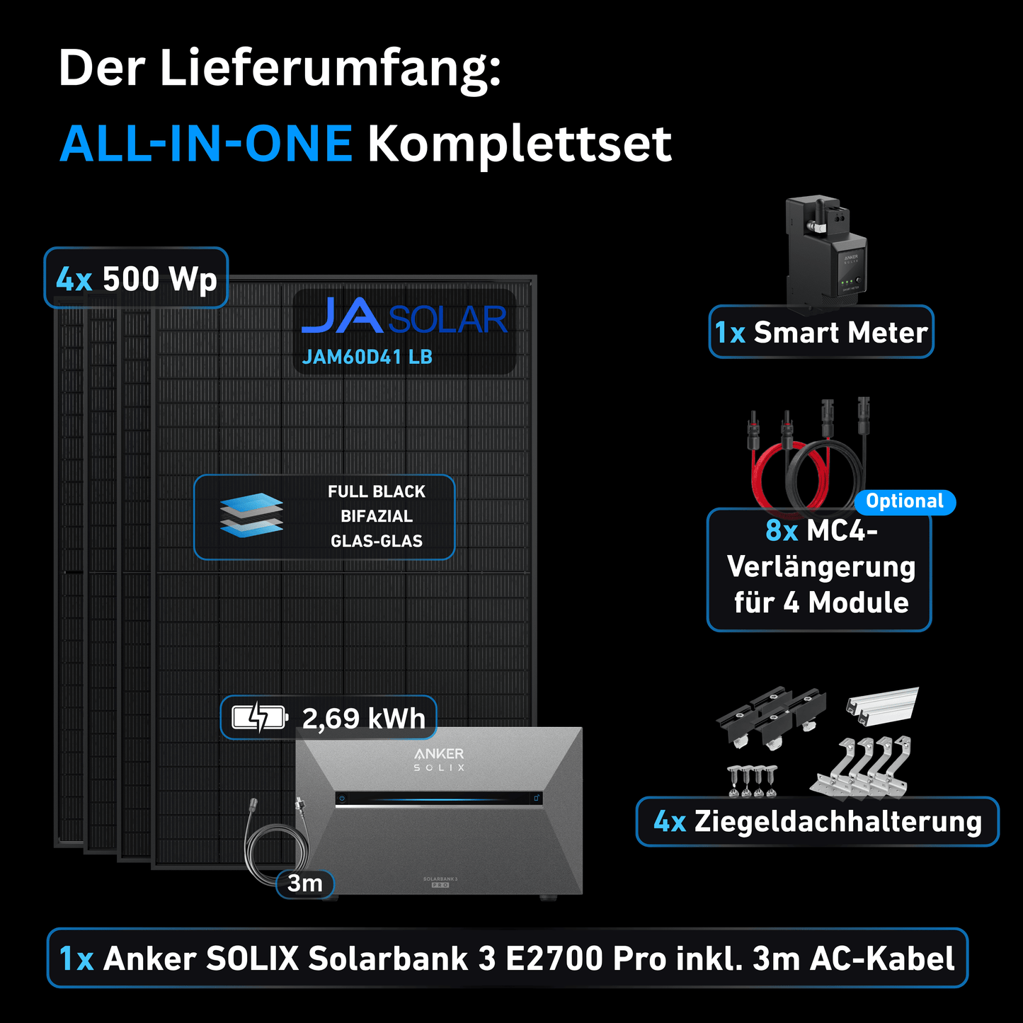 Schwabensolar Balkonkraftwerk 2000 Watt mit Anker SOLIX 3 E2700 Pro 2,69 kWh Speicher | Komplettset mit Ziegeldachhalterung