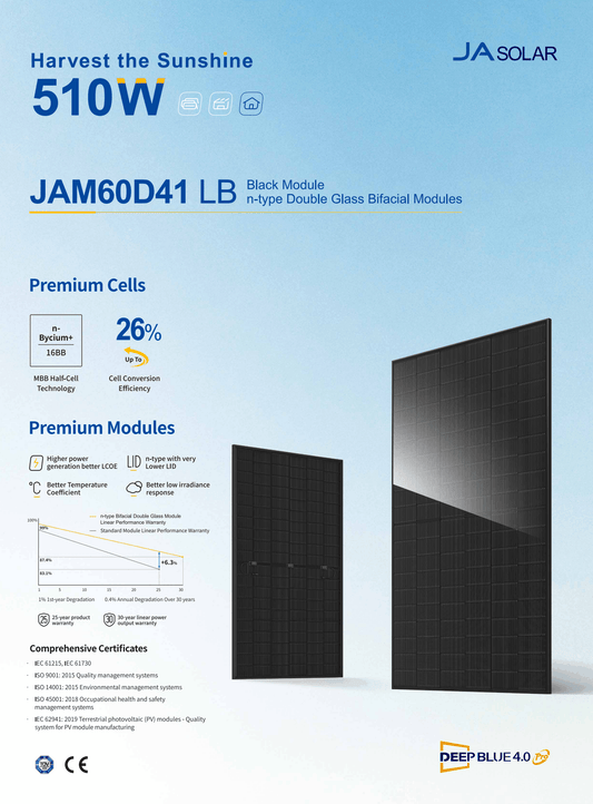 Ja Solar 500W Bifazial Glas-Glas Full Black JAM60D41 LB ab 72,90€ Stk. (gestaffelt)
