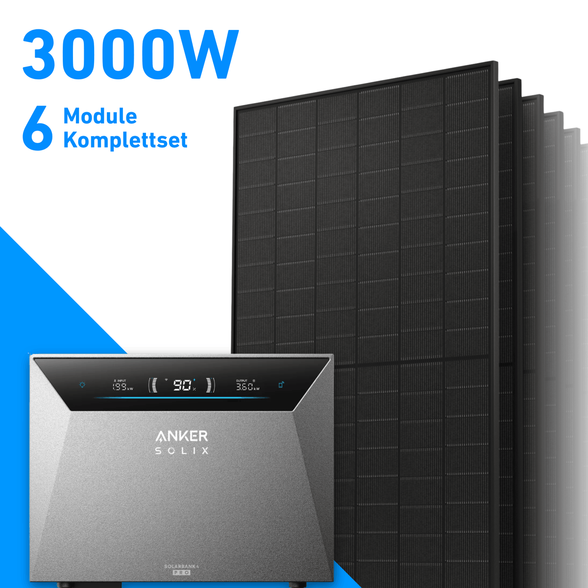 3000W Balkonkraftwerk mit Speicher | 6x 500W Solarmodule & Anker SOLIX Solarbank 4 Pro
