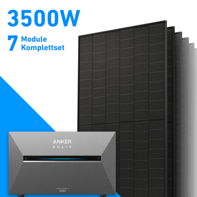 3500W Balkonkraftwerk mit Speicher | 7x 500W Solarmodule & Anker SOLIX Solarbank 3 Pro