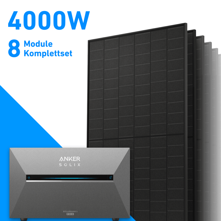 4000W Balkonkraftwerk mit Speicher | 8x 500W Solarmodule & Anker SOLIX Solarbank 3 Pro