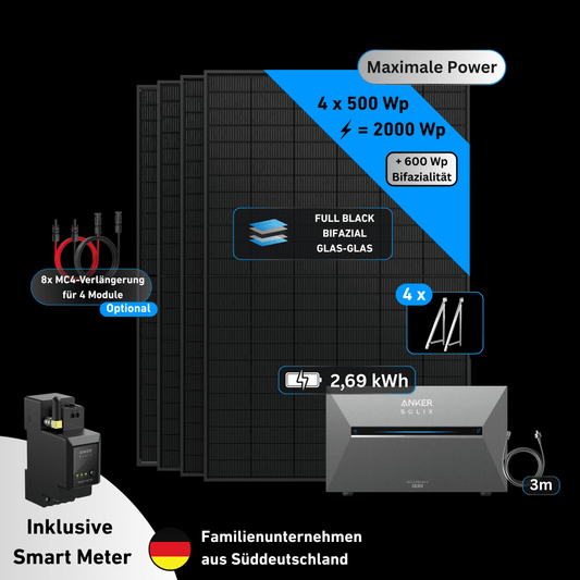 Schwabensolar Balkonkraftwerk 2000 Watt mit Anker SOLIX 3 E2700 Pro 2,69 kWh Speicher | Komplettset mit Balkonhalterung 2.0