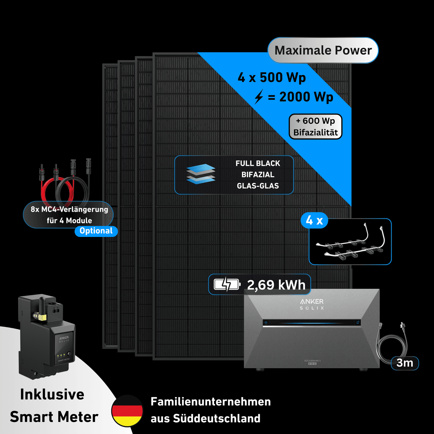 Schwabensolar Balkonkraftwerk 2000 Watt mit Anker SOLIX 3 E2700 Pro 2,69 kWh Speicher | Komplettset mit Flachdachhalterung