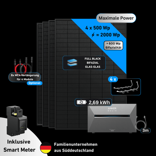 Schwabensolar Balkonkraftwerk 2000 Watt mit Anker SOLIX 3 E2700 Pro 2,69 kWh Speicher | Komplettset mit Flachdachhalterung