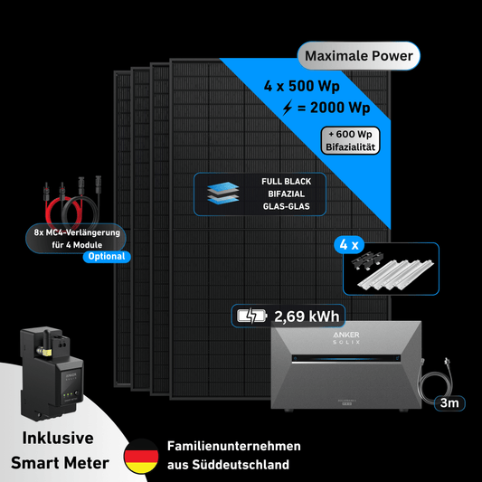 Schwabensolar Balkonkraftwerk 2000 Watt mit Anker SOLIX 3 E2700 Pro 2,69 kWh Speicher | Komplettset mit Trapezblechhalterung