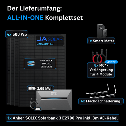Schwabensolar Balkonkraftwerk 2000 Watt mit Anker SOLIX 3 E2700 Pro 2,69 kWh Speicher | Komplettset mit Flachdachhalterung