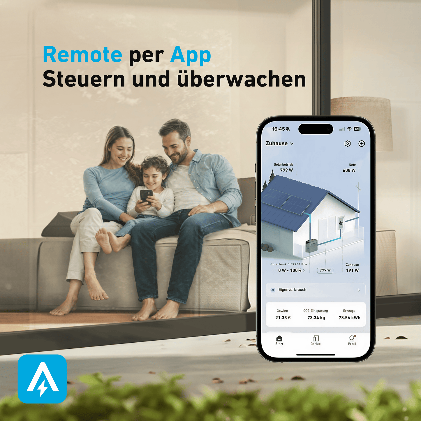 Schwabensolar Balkonkraftwerk 2000 Watt mit Anker SOLIX 3 E2700 Pro 2,69 kWh Speicher | Komplettset mit Flachdachhalterung