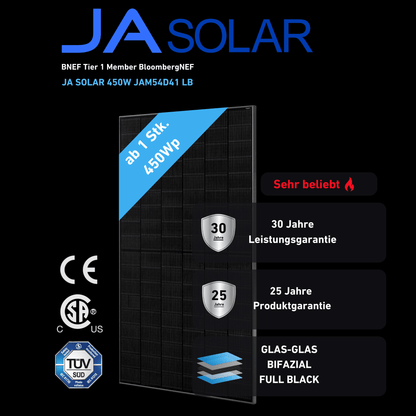 Ja Solar 450W JAM54D41 LB Bifazial Glas-Glas Full Black ab 59€ Stk. (gestaffelt)