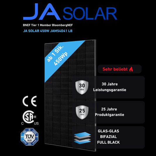 Ja Solar 450W JAM54D41 LB Bifazial Glas-Glas Full Black ab 59€ Stk. (gestaffelt)