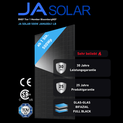 Ja Solar 500W Bifazial Glas-Glas Full Black JAM60D41 LB ab 65€ Stk. (gestaffelt)