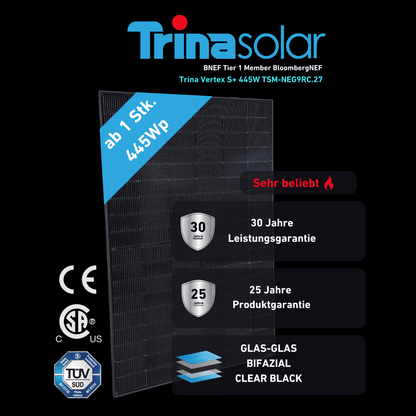 Trina Vertex S+ 445Wp Bifazial Glas-Glas Clear Black TSM-NEG9RC.27 ab 59€ Stk. (gestaffelt)